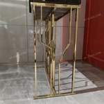 Natural Wood Veneer Tall Sideboard with Gold-Tone Stainless Steel Inlays, Glass Shelf and Geometric Open-Frame Base